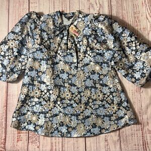 Sister Jane Blue and Cream Jaquard cottage core Floral Blouse NWT